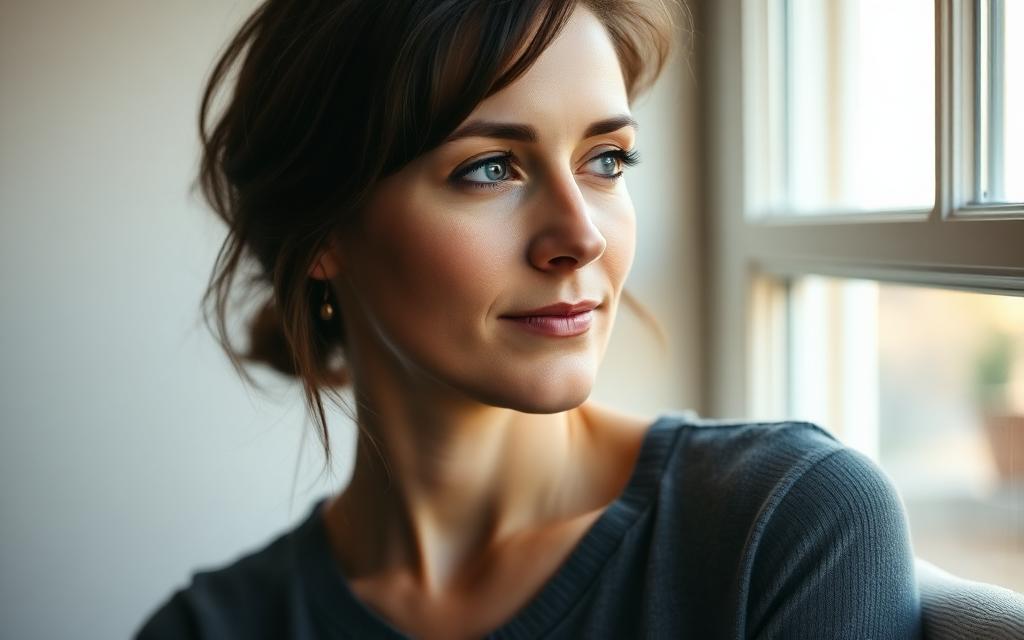 Calm woman in soft natural light considering Mini IVF in San Diego